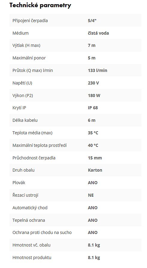 Čerpadlo PSP8-7/0 18l kalové kabel 5.3m, ZB00001158