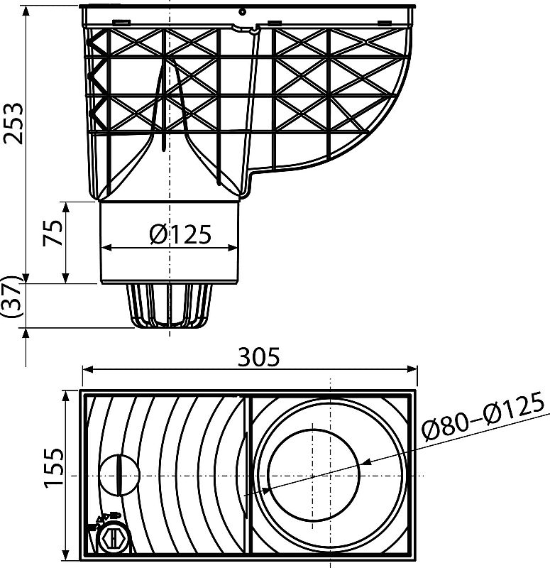 Alcadrain AGV2S univerzální lapač střešních splavenin 300×155/125 mm přímý, šedá