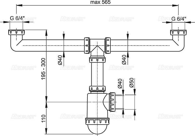 Alcadrain A448 50/40 sifon pro dvoudřez s převlečnými maticemi 6/4