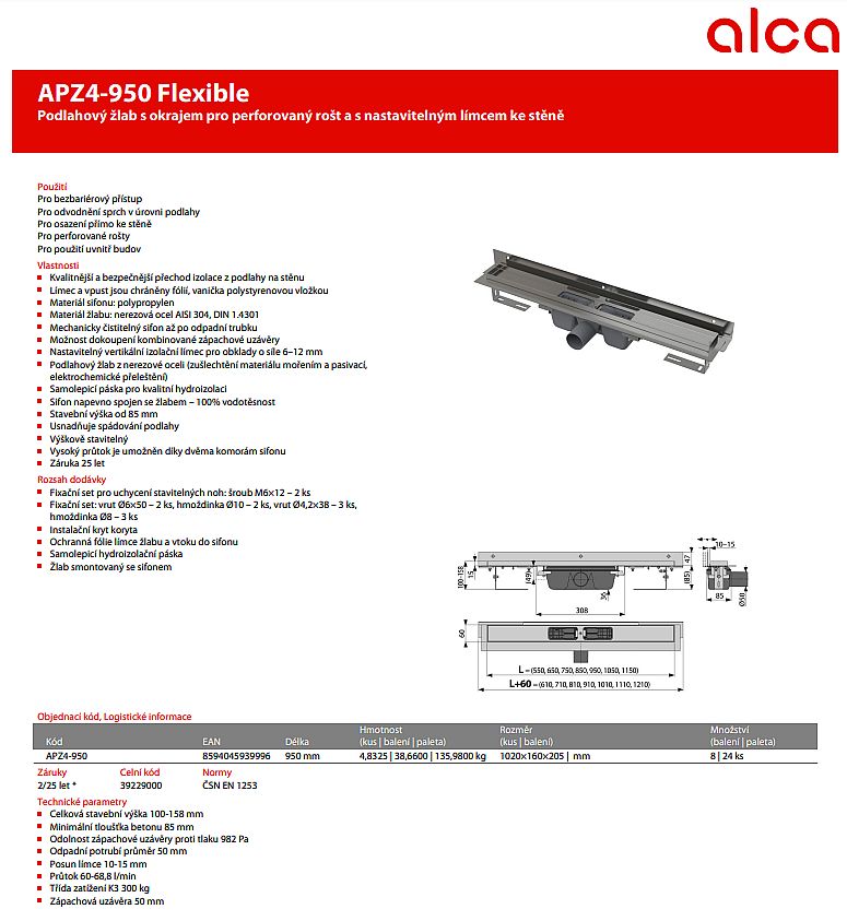 Alcadrain APZ4 1050 podlahový žlab