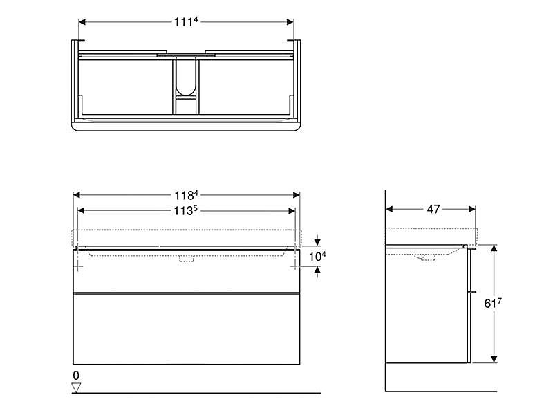 GEBERIT Smyle Square 500.355.00.1 skříňka pod umyvadlo se dvěma zásuvkami: B=118.4cm, H=61.7cm, T=47cm