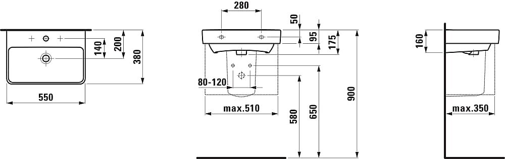 LAUFEN PRO S H8189580001041 umyvadlo 55 × 38 cm, s 1 otvorem pro baterii, bílá