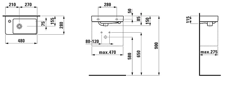 LAUFEN PRO S H8159550001041 umývátko 48x28cm, s otvorem pro baterii vlevo, bílá