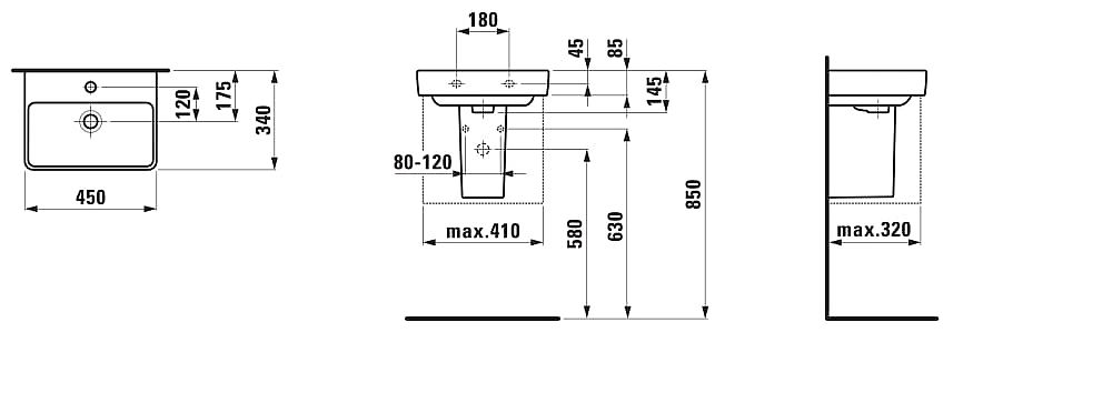 LAUFEN PRO S H8159610001041 umývátko 45x34 cm, s 1 otvorem, bílá