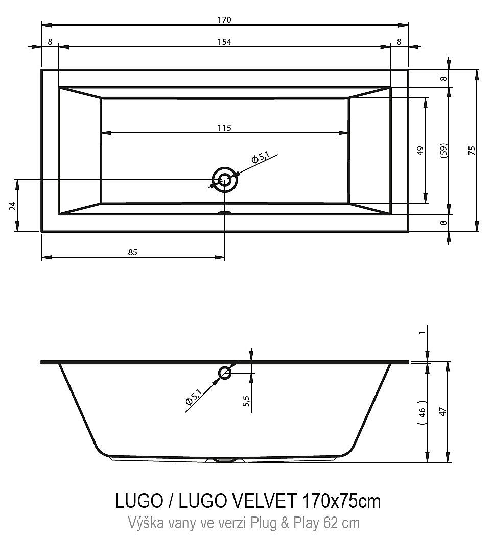 Riho Lugo Plug & Play Back2Wall vana 170x75cm B132019005