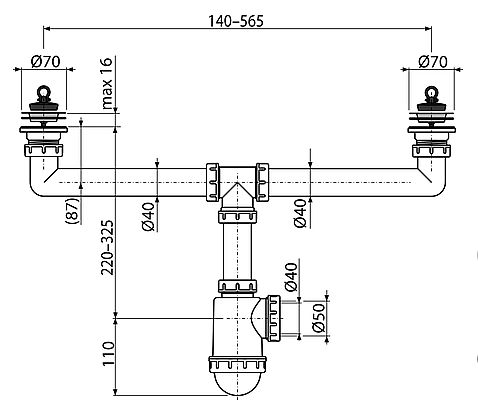 Alcadrain A449-DN50/40 sifon pro dvoudřez s nerezovými mřížkami DN70