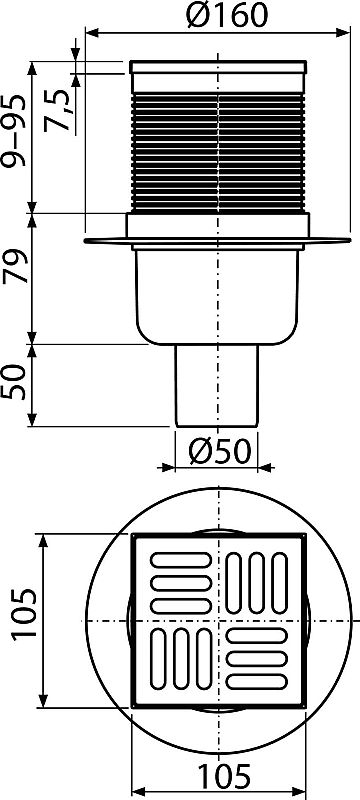 Alcadrain APV2 podlahová vpusť 105x105/50 - přímá - nerez