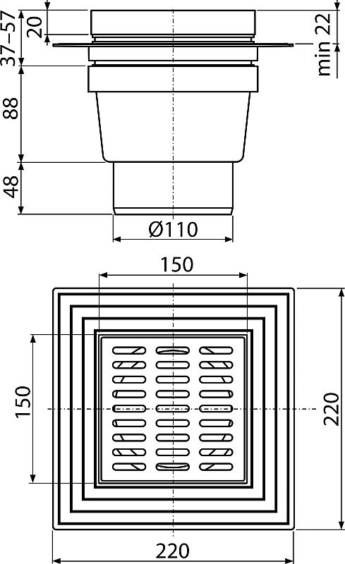 Alcadrain APV13 podlahová vpusť 150x150/110 -  přímá