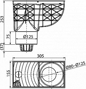 Alcadrain AGV2S univerzální lapač střešních splavenin 300×155/125 mm přímý, šedá