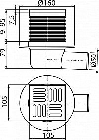 Alcadrain APV1 podlahová vpusť 105x105/50 - boční - nerez