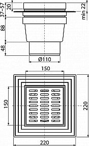 Alcadrain APV13 podlahová vpusť 150x150/110 -  přímá